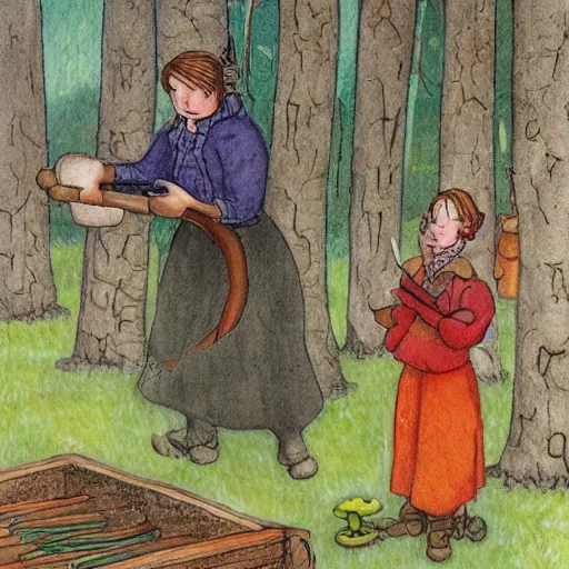 Image similar to the blacksmits’ daughter, working in the forge, fantasy art in the style of Elsa Beskow,