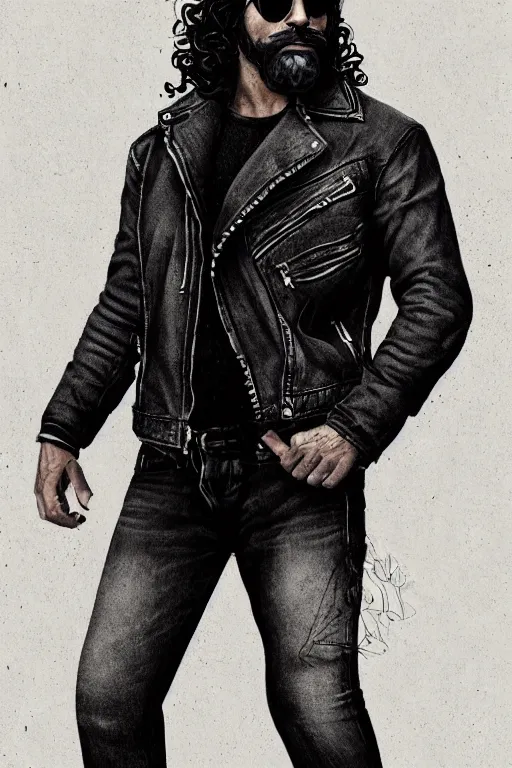 Prompt: Picture of a male biker, tough, burly, dark skin, jet black tuffe coat, aviator shades, dark blue jeans, long curly hair, unkempt beard, serious look, armfold pose!, smooth, sharp focus, highly detailed, digital illustration, artstation