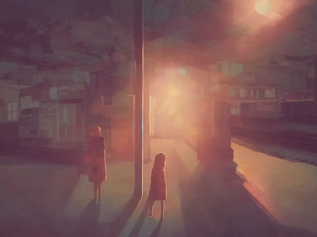 Prompt: lone girl waiting for the train, 70s, dreamy, stanley kubrick the shinning, vibrant colors americana, cinematic, volumetric lighting, god rays, sunset, realistic, photorealism, detailed, digital art, illustration, screenshot from the anime by studio ghibli