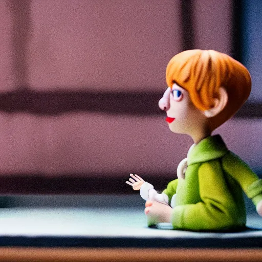 Image similar to a cinematic film still of a claymation stop motion film starring emma stone as shopkeeper, shallow depth of field, 8 0 mm, f 1. 8