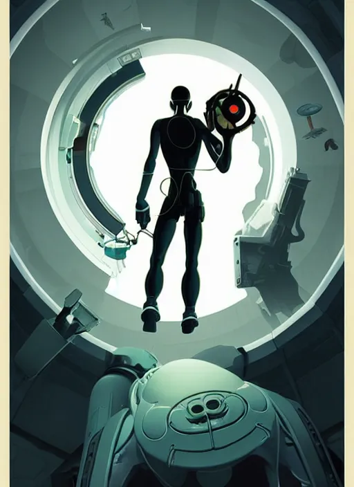 Image similar to poster artwork by Michael Whelan and Tomer Hanuka, of the game Portal, from Valve, Aperture Science, clean