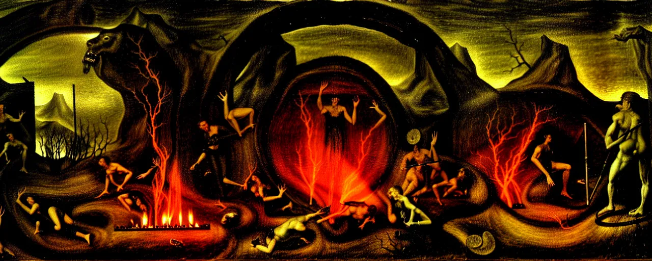 Image similar to trapped on a hedonic treadmill, dark uncanny surreal painting by bosch, dramatic lighting from fire glow, mouth of hell, ixions wheel