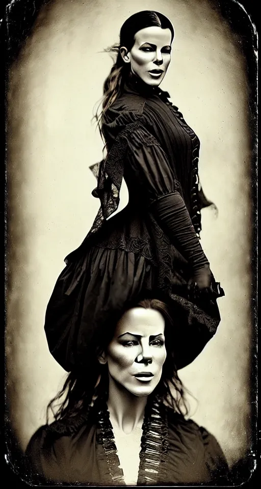 Image similar to digital collodion photograph, a beautiful portrait of Kate Beckinsale dressed in victorian era clothes