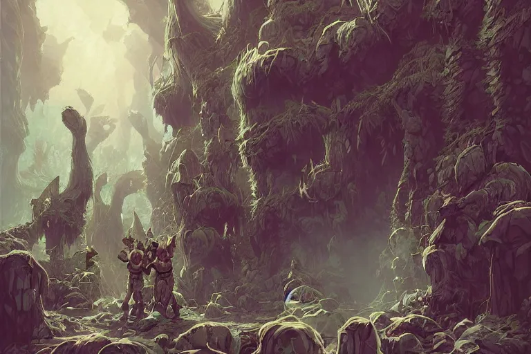 Image similar to point perspective dungeon irradiated fantasy dungeon The troll herald Shiah and their mangy crowd of mummys are hiding on the thick delta.,by artgerm and Craig Mullins, James Jean, Andrey Ryabovichev, Mark Simonetti and Peter Morbacher 16k