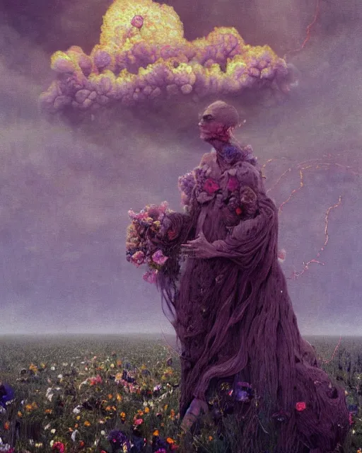 Image similar to A portrait of a woman wearing clothes made out of thunder clouds and flowers, apocalypse, nuclear explosion in the background, spiky skin, Masterpiece, glowing, wires everywhere, by Edgar Maxence and Ross Tran, Zdzisław Beksiński, and Michael Whelan, distant, gustav dore, H.R. Giger, 8k, octane render