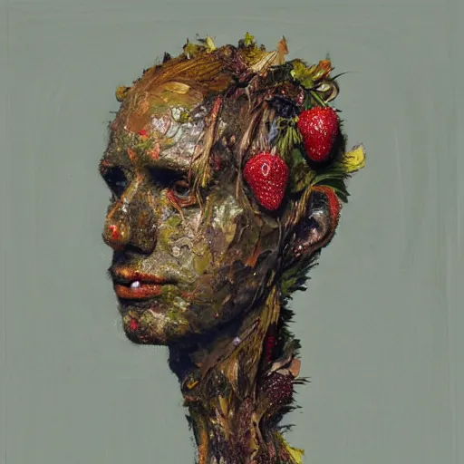 Image similar to a sculpture portrait made of kiwi and strawberries and mud and plants, painting part by wojciech siudmak, part by ilya repin, part by max ernst, part by norman rockwell, artstation