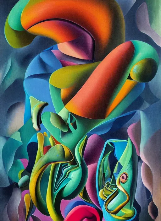 Prompt: an extremely high quality hd surrealism warm painting of 4 d perspective neon complimentary - colors cartoon surrealism scalloped sculpture composition of zaha hadid biological anatomical peacock mantis shrimp by a much more skilled version of kandinskypicasso and salvia dali the fourth, salvador dali's much much much much more talented painter cousin, 8 k, ultra realistic, chess, tunnels