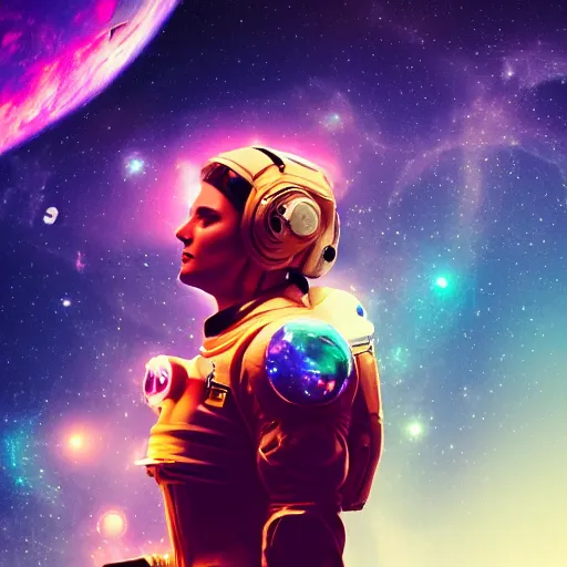 Image similar to a wide shot of a beautiful feminine woman in a spacesuit flying through space with galaxies in the back, epic lighting, digital art, vector art, trending on artstation, highly detailed, octane render