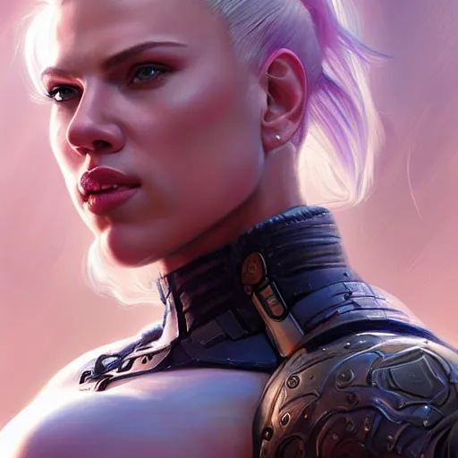 Image similar to detailed portrait of scarlett johansson as a female bodybuilder zarya from overwatch, beautiful, fantasy, intricate, elegant, highly detailed, digital painting, artstation, concept art, matte, sharp focus, illustration, art by aenaluck, artgerm and roberto ferri and greg rutkowski, epic fantasy, digital painting