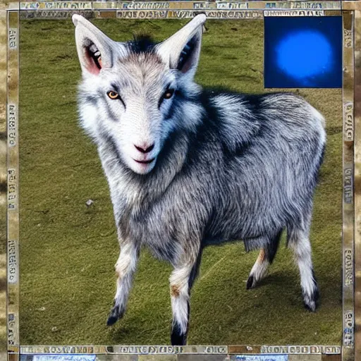 Image similar to hyperrealistic photo of a goat wolf hybrid beast in the square of a small medieval village