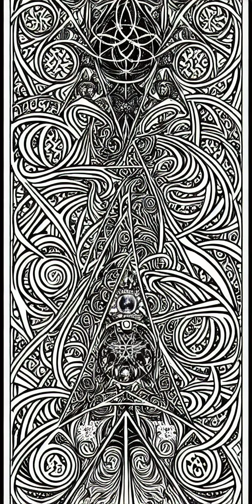 Image similar to a beautiful black and white fractal tarot card featuring bold occult imagery with clean lines. pyramids, eyeballs, lovecraft, eldritch. detailed adult coloring book