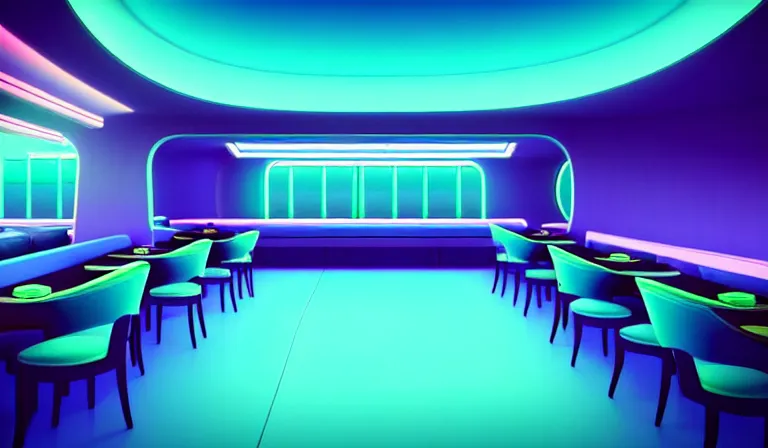 Image similar to a beautiful, sharp focus, clean lines. the interior of an art deco undersea restaurant. vaporwave ombre rendering. outrun style. fish. neon backlit jellyfish. trending on artstation. recommended for you behance. by chris moore. by edward hopper. ambient occlusion. digital matte painting. metropolis filmic. gotham city.