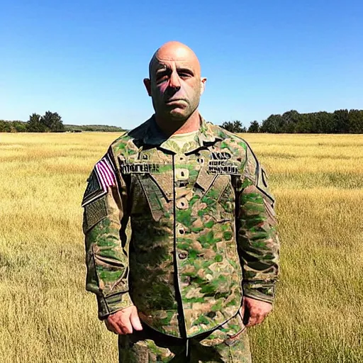 Prompt: “Joe Rogan standing in the middle of a field wearing the US Army uniform with a grumpy look on his face”