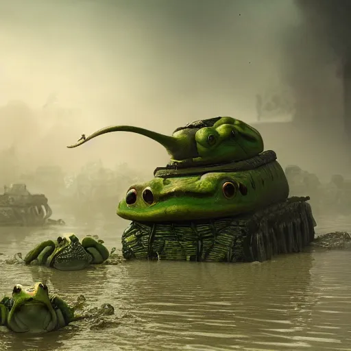 Prompt: an army of warrior horror frogs, driving tanks to war in swamp, cinematic lightning, artstation trending, matte painting, 8 k, octane, digital art