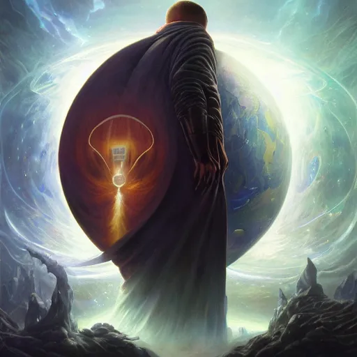 Image similar to the creator of worlds wearing a cloak and holding a holographic planet projection in his hand, detailed, sci - fi, digital painting, artstation, sharp focus, illustration, ominous, artgerm, tomasz alen kopera, peter mohrbacher, donato giancola, joseph christian leyendecker, wlop, frank frazetta