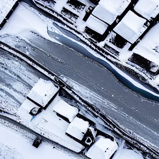 Prompt: snowy region on coast of Iceland, abandoned mine and crates full of supplies buried in snow::2 aerial drone perspective, top down view ::1 sattelite image of snow from 250 meters height, some coal boxes and barrels are covered in snow, old mine remains :: 1 post apocalyptic, snowstorm ::5