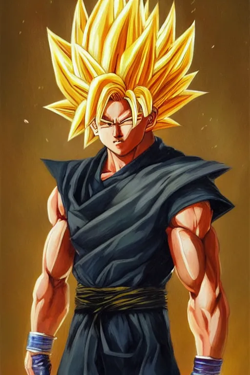 Image similar to portrait of simu liu as super saiyan goku. art by gaston bussiere.