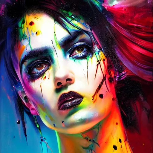 Prompt: cyberpunk goddess, black hair, side portrait, striking, defiant, spotlight, vibrant colors, angry, paint splash, beautiful eyes, by marco paludet and gianni strino and marion bolognesi