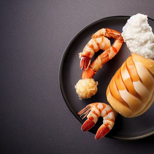 Prompt: a kfc milkshake next to a shrimp wearing a dress, on a beautiful plate, food photography, studio lighting, hyper realistic, sharp focus, hyper - detailed, 8 k resolution