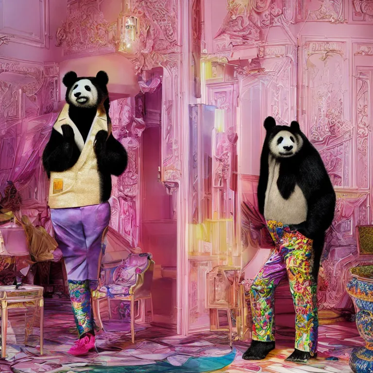 Image similar to high fashion photoshoot octane render portrait by wayne barlow and carlo crivelli and glenn fabry, a distinguished actor wearing a colorful wes anderson designed uniform and giant panda inside a high - end exotic colorful pastel vintage boutique hotel lounge, very short depth of field, bokeh