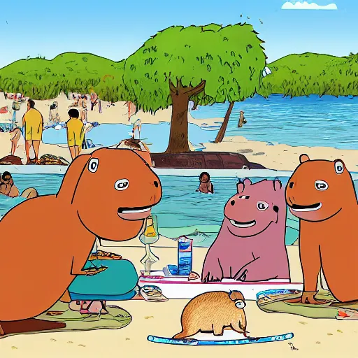 Image similar to capybaras having fun at the beach by bored ape yacht club and matt groening and bojack horseman