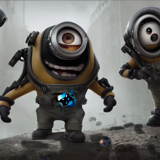 Image similar to Minions from Despicable Me in 'Gears of War', splash art, movie still, cinematic lighting, detailed face, dramatic, octane render, long lens, shallow depth of field, bokeh, anamorphic lens flare, 8k, hyper detailed, 35mm film grain