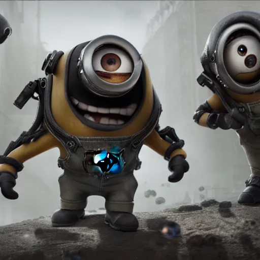 Prompt: Minions from Despicable Me in 'Gears of War', splash art, movie still, cinematic lighting, detailed face, dramatic, octane render, long lens, shallow depth of field, bokeh, anamorphic lens flare, 8k, hyper detailed, 35mm film grain