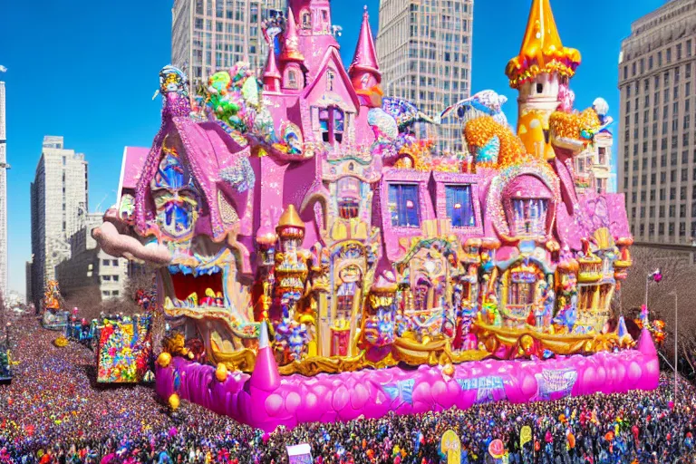 Image similar to photo of giant beautiful elaborate parade float castle designed by lisa frank and geof darrow, in the macys parade, detailed 4 k photo, gigapixel, hyperdetailed