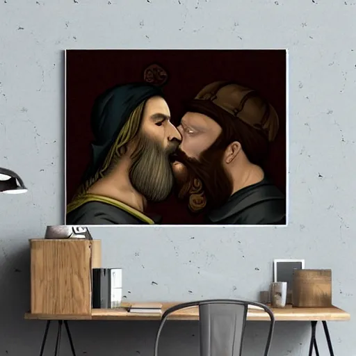 Image similar to medieval art, bearded man kissing bearded man