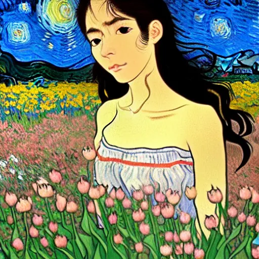 Image similar to beautiful dark skinned mexican woman, dancing in a field of tulips and baby's breath, prominent, rosy cheek bones, black hair and brown eyes, van gogh art style, art by hayao miyazaki, makoto shinkai