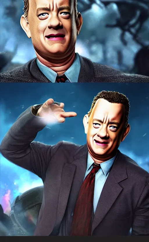 Image similar to Tom Hanks as a character in the game League of Legends, with a background based on the game League of Legends, detailed face, old 3d graphics