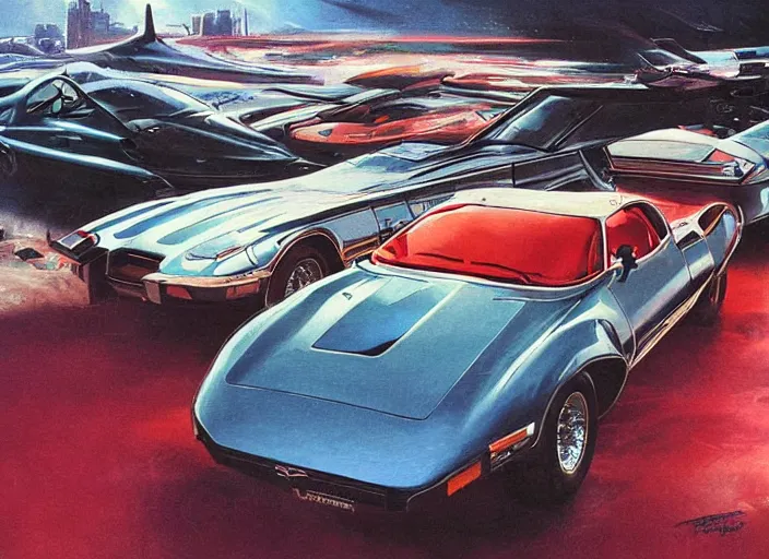 Image similar to ( ( ( ( ( 1 9 8 2 pontiac trans am, jaguar e - type, car concept art, sci - fi illustration, painting, technical illustration ) ) ) ) ) by vincent di fate and john berkey and star wars and danger diabolik!!!!!!!