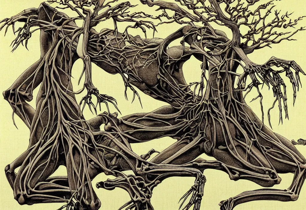 Image similar to prompt: anatomy dissection drawing skeleton and veins and organs Bonsai tree drawn by Takato Yamamoto, bonsai skeleton anatomy atlas, veins and organs attached to tree roots, alchemical objects inspired by 1980's sci-ci, old experimentation cabinet, intricate oil painting detail, manga 1980