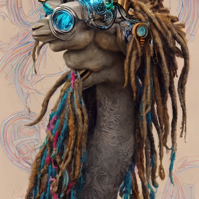 Prompt: llama with dreadlocks, cyberpunk, by mandy jurgens, ernst haeckel, james jean