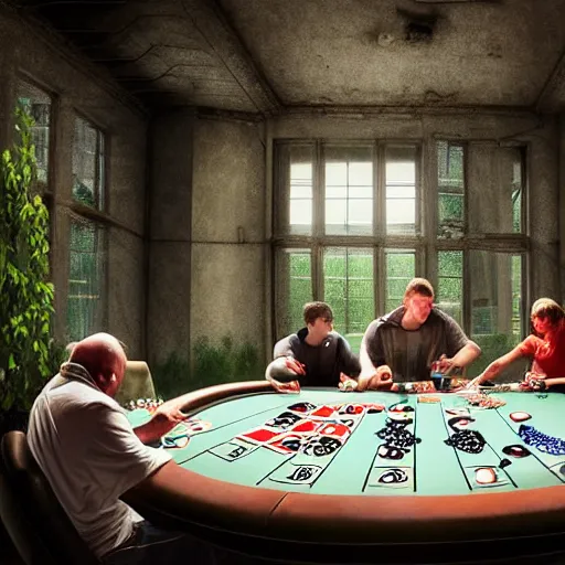 Image similar to A group of people playing poker at a poker table in the middle of an abandoned building, big room, with vines and plants growing out of cracks, broken walls and ceiling with natural light shining through, the light shows dust in the air, digital art, award winning art, 8k