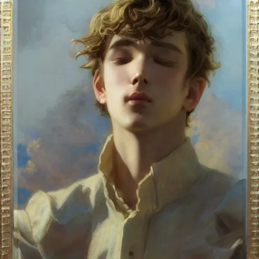 Image similar to detailed portrait of serene anime boy raphael, closed eyes, natural light, painting by gaston bussiere, craig mullins, j. c. leyendecker