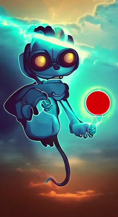 Image similar to “ big eye monkey holding laser gun floating in clouds, digital art, super aesthetic, art station childish style ”