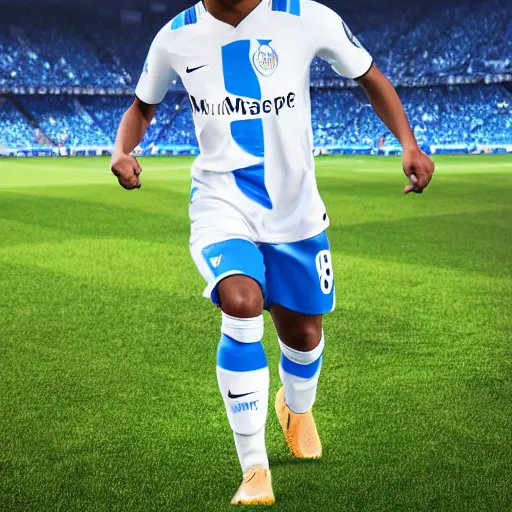 Prompt: kylian mbappe dressed with the malaga football team shirt and malaga badge, 8 k, realistic