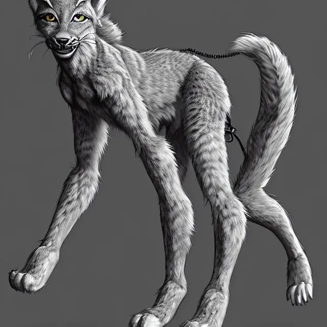 Image similar to the full body of anthropomorphic lynx fursona from behind wearing a steampunk suit as unimaginably beautiful, gorgeous, elegant, young woman with lynx head, an ultrafine hyperdetailed illustration by furaffinity, intricate linework, white fur, unreal engine 5 highly rendered, global illumination, radiant light, detailed and intricate environment, no feral, no taur