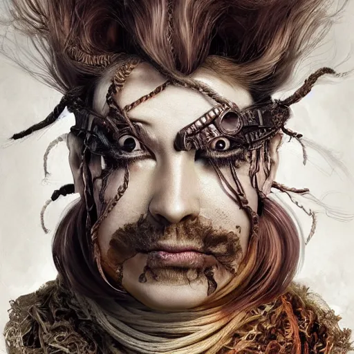 Image similar to portrait of a Shibari rope wrapped face and neck, headshot, insanely nice professional hair style, dramatic hair color, digital painting, of a old 17th century, old cyborg merchant, amber jewels, baroque, ornate clothing, scifi, realistic, hyperdetailed, chiaroscuro, concept art, art by Franz Hals and Jon Foster and Ayami Kojima and Amano and Karol Bak,