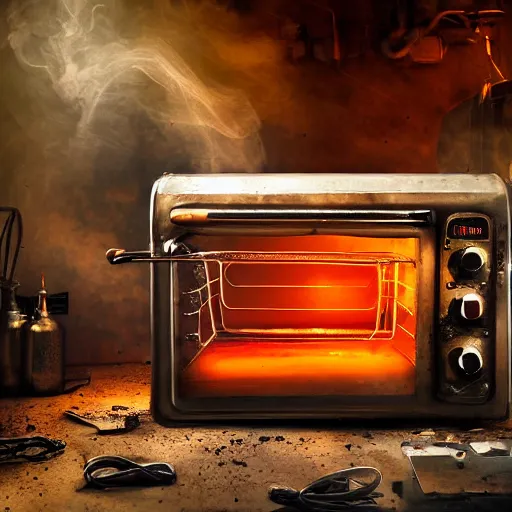 Image similar to cyborg toaster oven repairman, dark messy smoke - filled cluttered workshop, dark, dramatic lighting, orange tint, sparks, plasma rays, cinematic, highly detailed, sci - fi, futuristic, movie still, rule of thirds composition