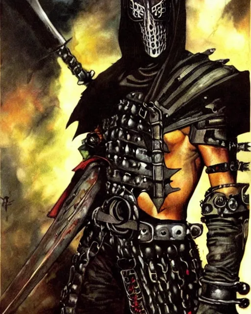 Image similar to portrait of a skinny punk goth tony todd wearing armor by simon bisley, john blance, frank frazetta, fantasy, thief warrior