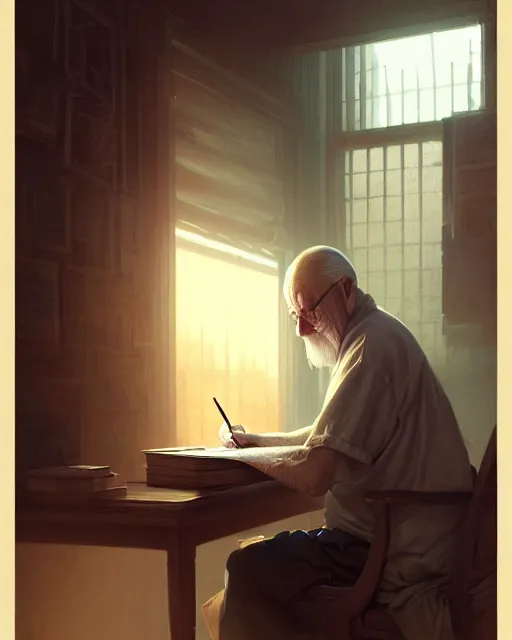 Prompt: old male scribe writing a book | | realistic shaded, fine details, realistic shaded lighting poster by greg rutkowski, diego gisbert llorens, magali villeneuve, artgerm, jeremy lipkin and rob rey