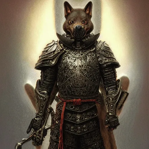 Image similar to berserk black armor, anthropomorphic shiba inu, realistic face realistic visible face, in berserk black armor, stuning 3 d render, masterpiece, glowing aura, by donato giancola and greg rutkowski and wayne barlow and zdzisław beksinski