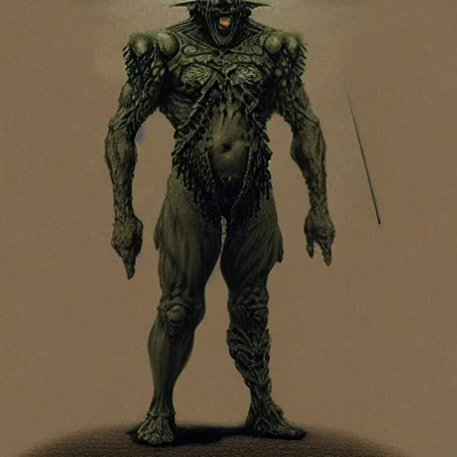 Prompt: orc full body concept art, wearing ancient armor by beksinski