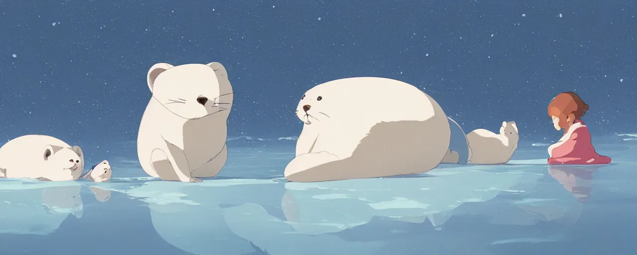 Image similar to a baby harp seal and mother on an ice flow, atey ghailan, goro fujita, studio ghibli, rim light, exquisite lighting, clear focus, very coherent,