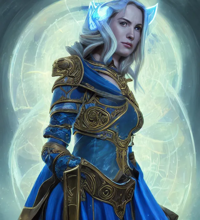 Image similar to Jaina Proudmore portrait, intricate arcane armor with glowing magical runes, flowing blue magical energy, subject in the middle of the frame, rule of thirds, golden ratio, elegant, digital painting, octane 4k render, zbrush, hyperrealistic, artstation, concept art, smooth, sharp focus, illustration from Warcraft by Ruan Jia and Mandy Jurgens and Artgerm and William-Adolphe Bouguerea