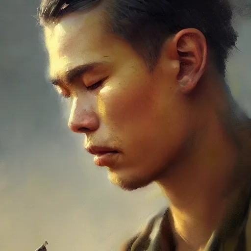 Image similar to a dramatic epic ethereal portrait of a Vietnam War soldier, young male, detailed face, cinematic lighting, highly detailed oil on canvas painting by Greg Rutkowski, winning-award digital art trending on Artstation H 1024 W 832