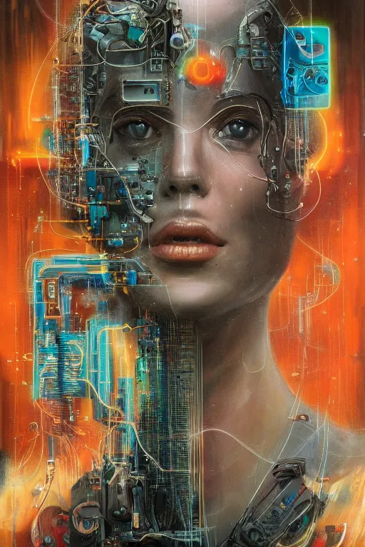 Prompt: portrait of computer & circuits, melting, moistcritikal, 8 k, by tristan eaton, stanley artgermm, tom bagshaw, greg rutkowski, carne griffiths, ayami kojima, beksinski, giger, trending on deviantart, face enhance, hyper detailed, minimalist, cybernetic, android, blade runner, full of colour, super detailed