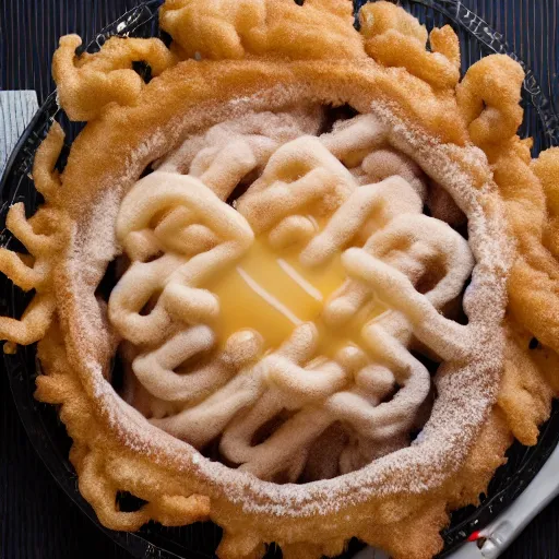 Prompt: a photograph of a funnel cake made out of fried chicken, 4K, HD